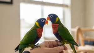 Papagaio colorido interagindo com tutor em ambiente doméstico, ave sobre a mão da pessoa, expressão curiosa, ambiente claro, luz natural, fotografia realista, ultra detalhada, alta definição, composição horizontal.