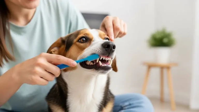 Cachorro de porte médio tendo os dentes escovados por seu tutor em ambiente doméstico limpo, iluminação natural suave, expressão tranquila do animal, atmosfera acolhedora, fotografia realista, ultra alta resolução, profundidade de campo suave, proporção 169