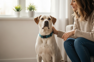 Cachorro tranqüilo ao lado do tutor demonstrando comportamento equilibrado e confiança mútua Tags SEO cachorro, comportamento canino, latido controlado, bem-estar animal, treinamento positivo