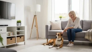 Cão relaxado em apartamento com rotina equilibrada,rotina pet, cachorro em apartamento, bem-estar canino, cuidados com cães, organização pet