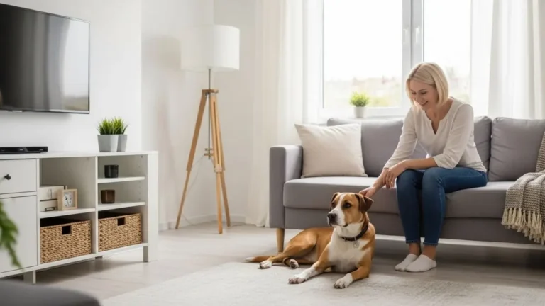 Cão relaxado em apartamento com rotina equilibrada,rotina pet, cachorro em apartamento, bem-estar canino, cuidados com cães, organização pet