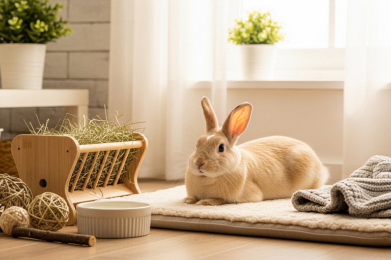Coelho doméstico em ambiente limpo e seguro, coelhos domésticos, higiene animal, bem-estar pet