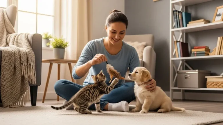 como-educar,Tutor educando filhote em ambiente doméstico acolhedor, educar filhote, adestramento inicial, filhote em casa, comportamento pet, cuidados com filhotes