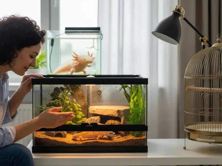 Tutor observando diferentes pets exóticos em um ambiente doméstico organizado e acolhedor,pets exóticos, animais exóticos domésticos, guia pets exóticos, terrário doméstico, criação responsável