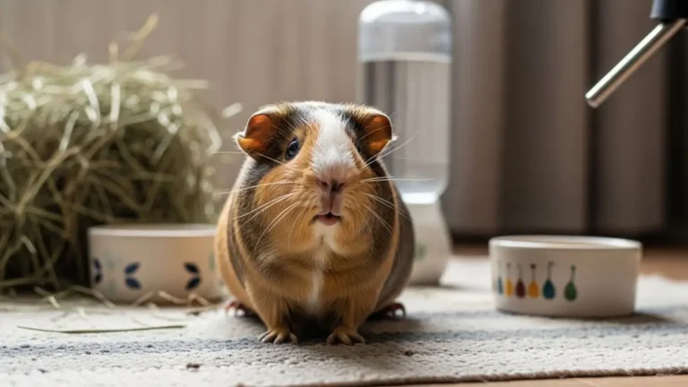 Porquinho-da-índia em ambiente doméstico aconchegante, sobre tapete macio, com feno ao fundo, iluminação natural suave, aparência saudável, fotografia realista, alta definição, clima acolhedor, proporção 169