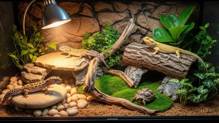Terrário moderno e bem montado com répteis exóticos, incluindo gecko leopardo, dragão barbudo e tartaruga terrestre, ambiente iluminado, decoração natural, plantas, pedras, troncos, cenário realista, alta definição, fotografia profissional, 4k, ultra detalhado