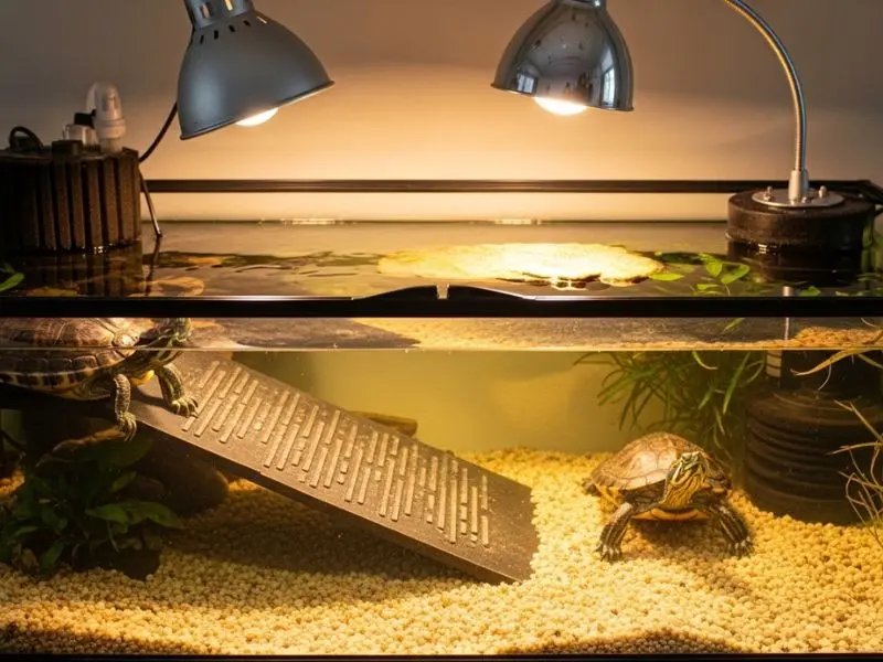 "Aquaterrário completo para cágado com área aquática filtrada rampa de saída área de basking seca com lâmpada UV e aquecimento e plantas aquáticas"