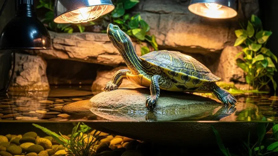 "Pescoço esticado, olhos fechados, tomando sol de verdade. Cágado feliz tem exatamente essa postura. Quando não vê isso, alguma coisa no setup está errada." -->