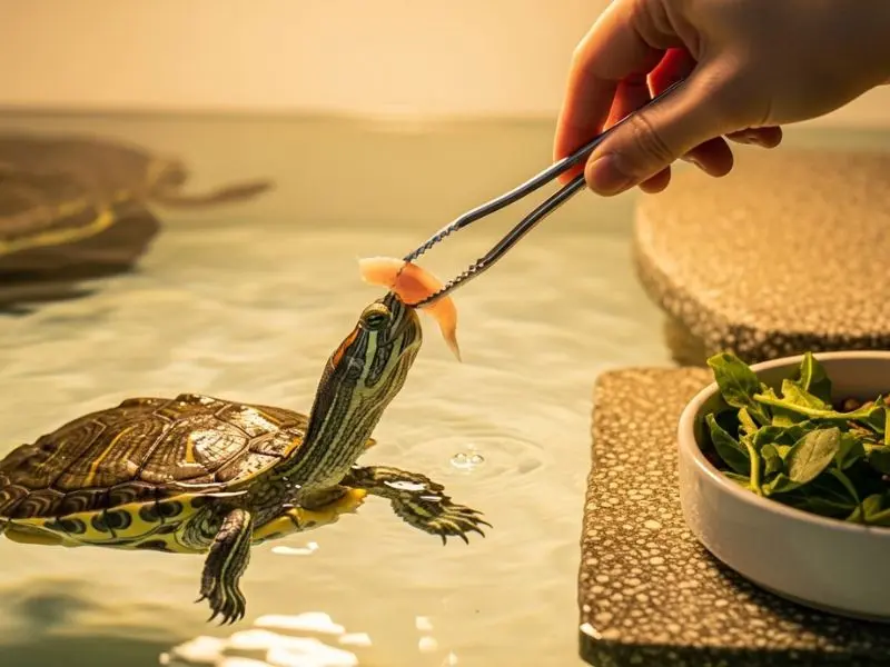 "Cágado estendendo pescoço para peixe oferecido com pinça em aquaterrário limpo com área de basking e tigela de folhas verdes visíveis para cágado cuidados de alimentação"