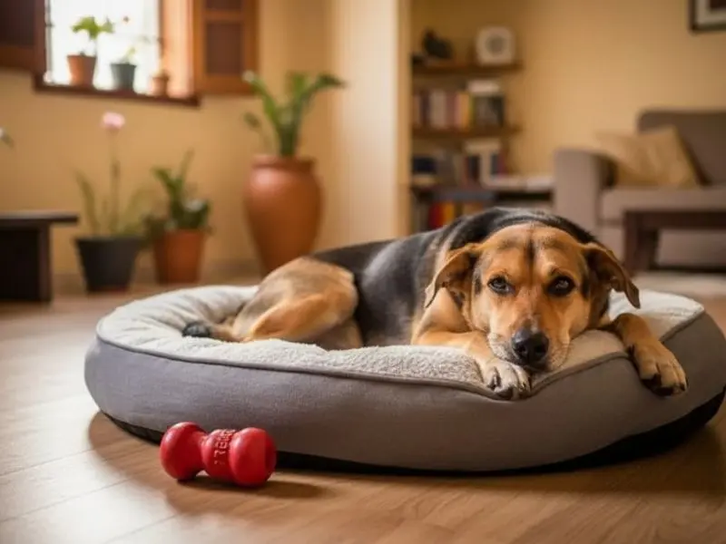 "Cão calmo e relaxado em sua cama própria com brinquedo Kong — resultado do protocolo de dessensibilização para ansiedade de separação bem executado"