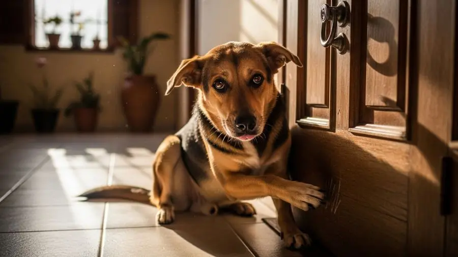 "Essa postura na porta. Todo tutor que já teve cão ansioso reconhece. A ansiedade de separação não é manha — é sofrimento real. 🐕" -->