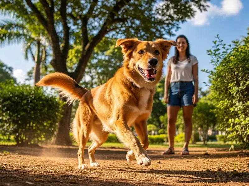 "Cão jovem correndo com energia em parque ensolarado duas semanas após castração de pets completamente recuperado sem colar sem pontos igual a antes do procedimento" 
