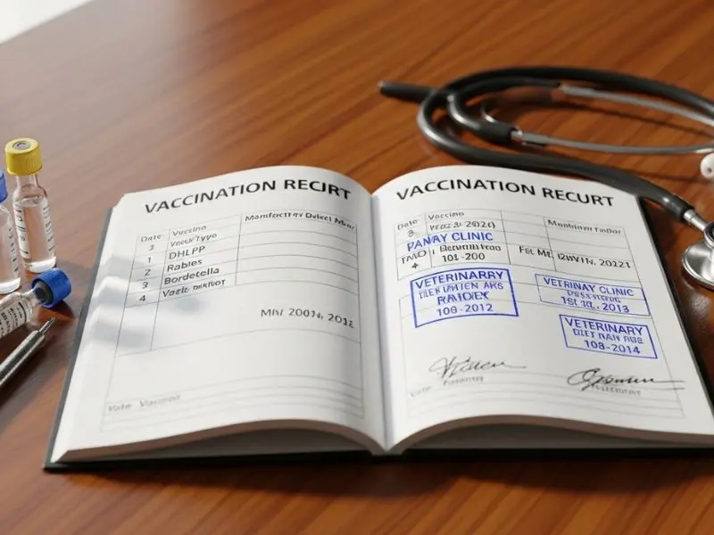 "Carteirinha de vacinação de pet aberta com registro completo de vacinas datas e carimbos veterinários ao lado de frascos de vacina"