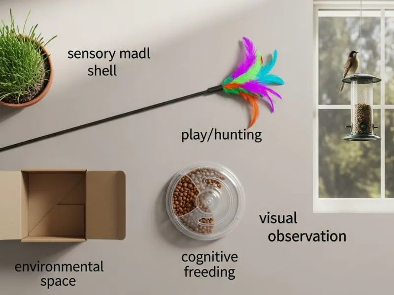 "Cinco categorias de enriquecimento ambiental para gatos dispostas em flat lay varinha de penas erva gato caixa esconderijo puzzle alimentar e janela com passarinheiro"