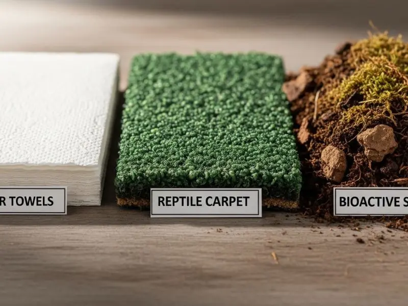 "Comparação de substratos para terrários seguros papel toalha tapete reptilcarpet e mistura bioativa natural lado a lado para répteis"