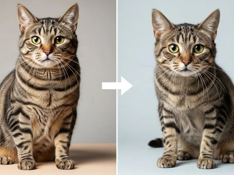 "Comparação educacional de gato idoso saudável à esquerda e gato com sinais de hipertireoidismo em gatos à direita mostrando perda de peso e pelagem menos cuidada"