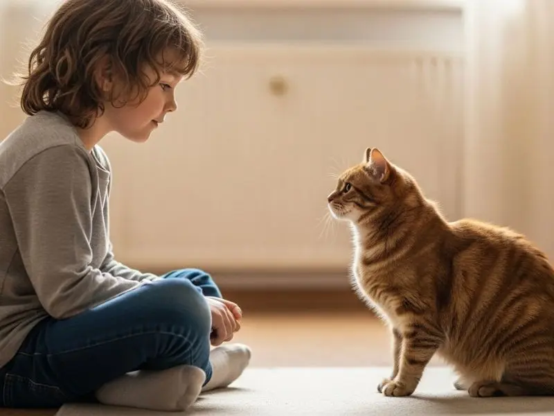 "Criança de 6 anos sentada no chão ao nível do gato em interação calma e respeitosa demonstrando vínculo genuíno construído com tempo entre pets e crianças"