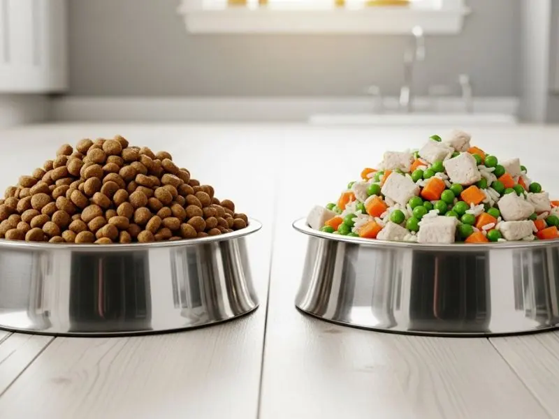 "Dois potes lado a lado um com ração seca e outro com alimentação natural para pets preparada com frango cozido legumes e arroz para comparação"