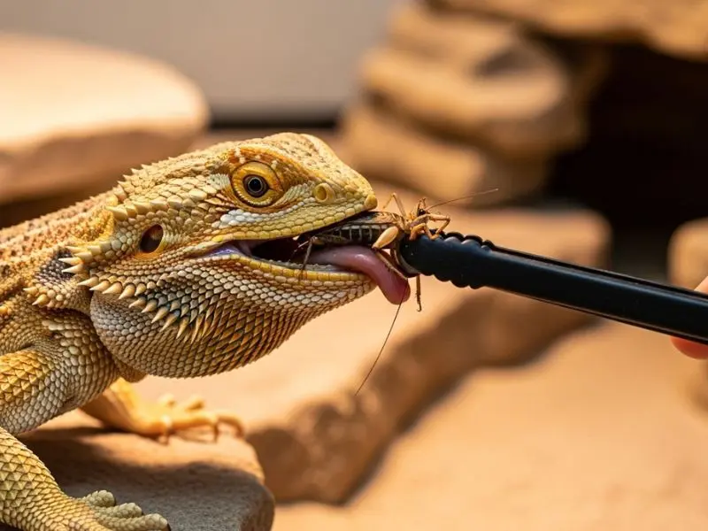 "Dragão barbudo comendo grilo com pinça durante alimentação controlada dentro do terrário com técnica correta de oferta de insetos vivos"