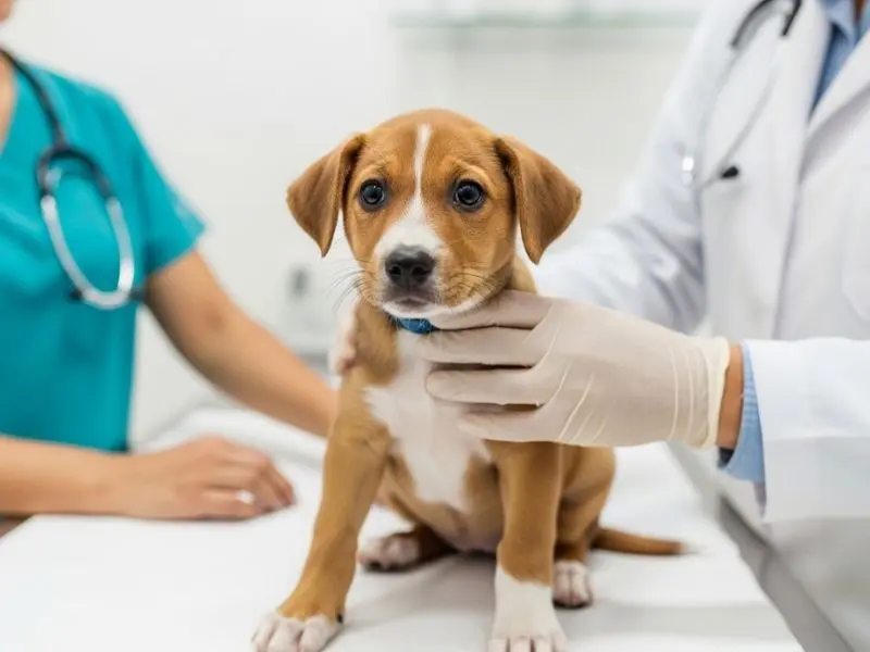 "Filhote de cachorro com 8 semanas na mesa de exame veterinário antes da primeira dose da vacinação de pets com tutor ao lado"
