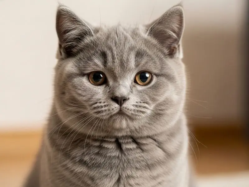 "Filhote de gato britânico raça com 8 semanas bochechas redondas volumosas pelagem azul densa e olhos âmbar em expressão séria e adorável"