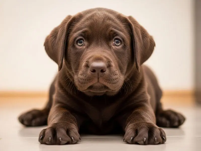 "Filhote de labrador raça chocolate com 8 semanas patas grandes olhos castanhos expressão curiosa e corpo rechonchudo em ambiente doméstico"