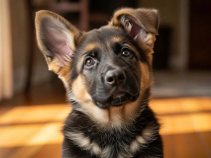 "Filhote de pastor alemão raça com orelhas grandes e expressão curiosa sentado no chão de madeira"