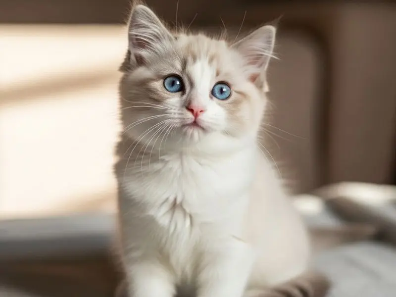 "Filhote de ragdoll raça com 10 semanas olhos azuis grandes pelagem começando a desenvolver e padrão colorpoint incipiente em expressão calma e curiosa"