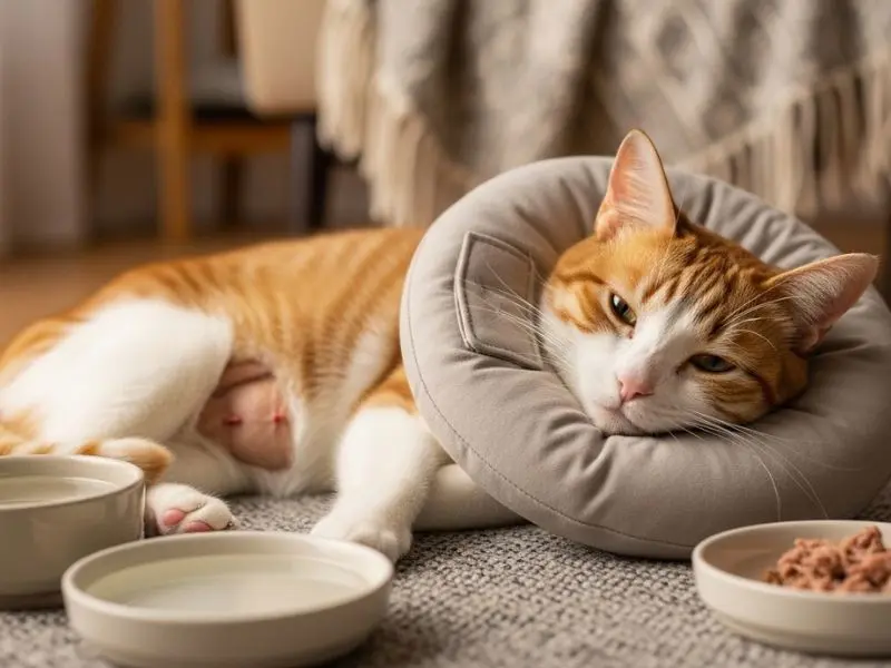 "Gata descansando com colar elizabetano macio em cobertor confortável um dia após castração de pets com tigela de água e comida próximas em ambiente doméstico"