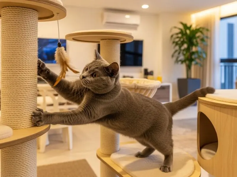 "Gato britânico raça azul explorando arranhador com plataformas e brinquedo em apartamento com enriquecimento ambiental adequado para felino independente"