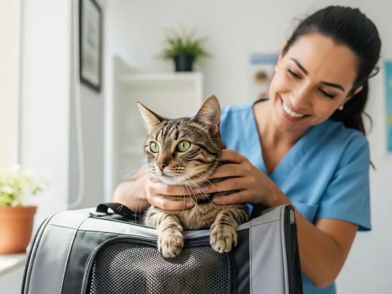 "Gato calmo sendo retirado de caixa de transporte por veterinária em clínica para consulta de vacinação de pets com ambiente tranquilo"