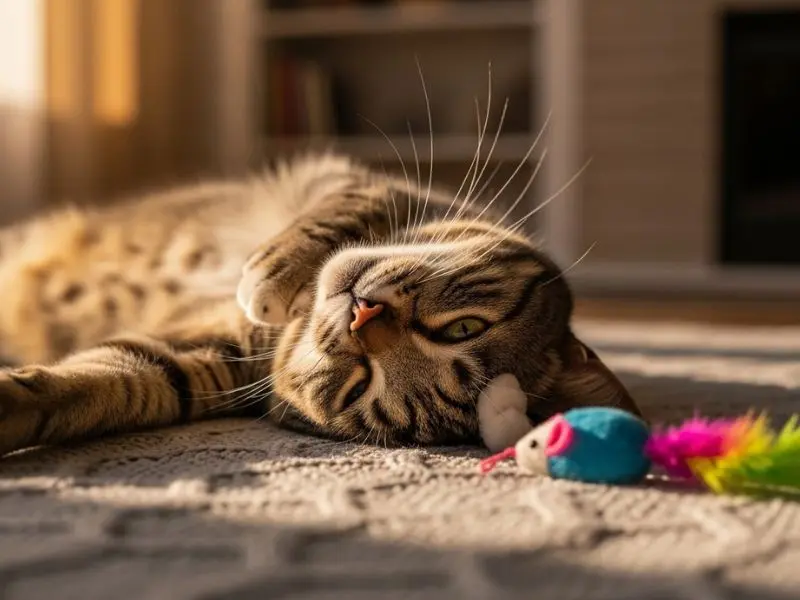 "Gato doméstico deitado satisfeito após sessão de brincadeira ativa com brinquedo ao lado demonstrando bem estar do enriquecimento ambiental para gatos eficiente"