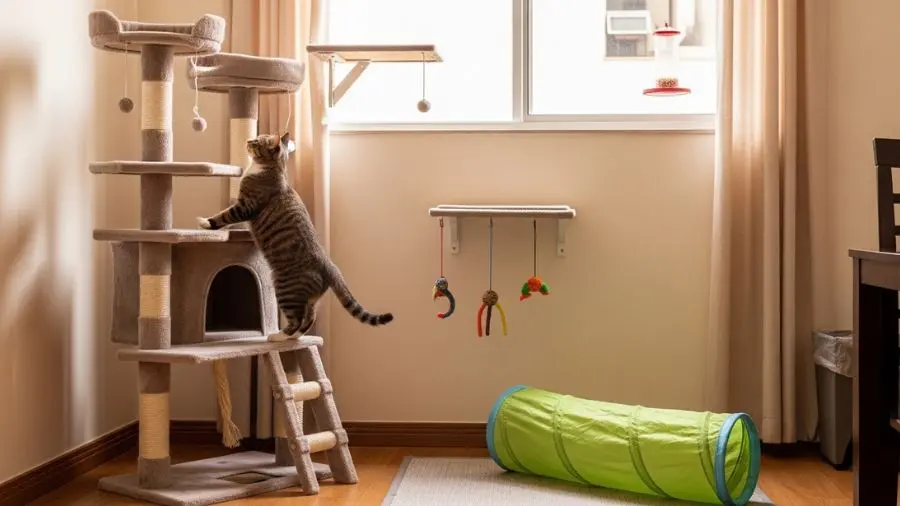 "Arranhador, janela com vista, brinquedo e túnel. Não precisa de tudo ao mesmo tempo — mas cada elemento resolve uma necessidade diferente do felino." -->