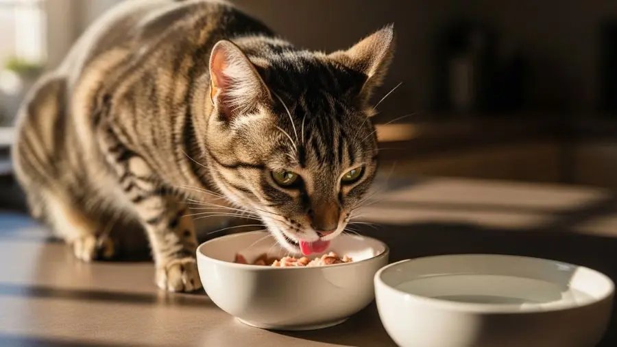 "Essa tigela de cerâmica não é frescura. É porque gatos são sensíveis ao plástico e bebem mais água quando a tigela não tem cheiro residual. Pequeno detalhe, grande diferença. 🐱" -->