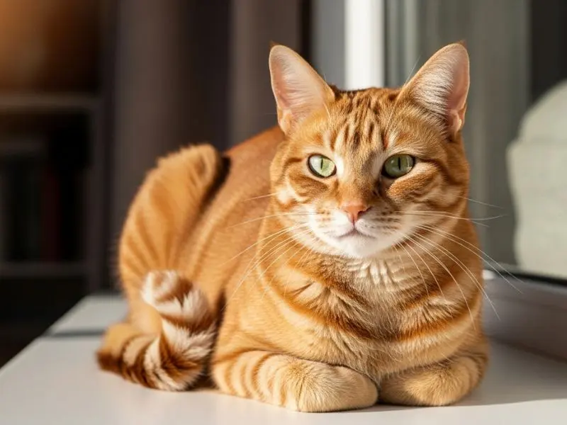 "Gato idoso saudável e bem cuidado sentado em janela ensolarada com pelagem brilhante e olhos alertas demonstrando boa qualidade de vida após tratamento de hipertireoidismo em gatos" Le