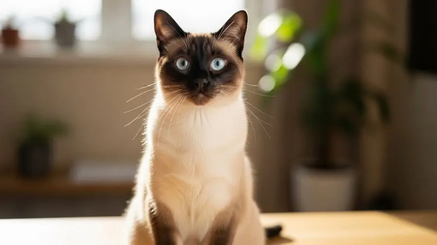 "Esse olhar já diz tudo: o siamês tem opinião sobre absolutamente tudo — e zero problema em te contar cada detalhe. 🐱💙" -->