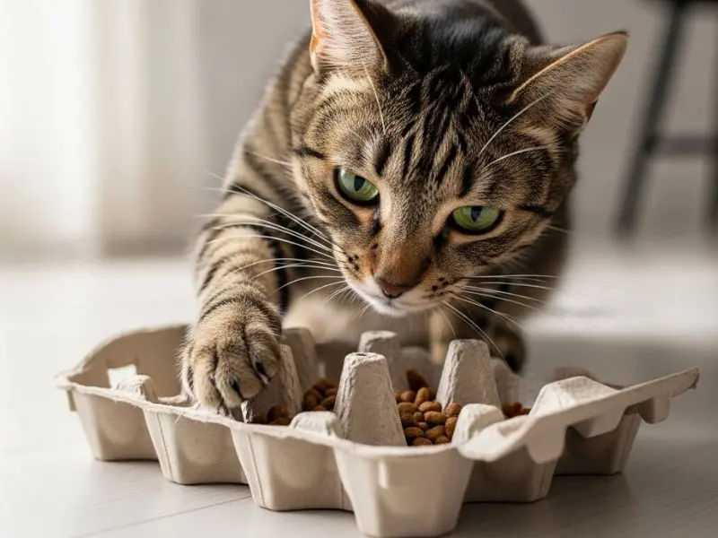 "Gato usando puzzle feeder caseiro de caixa de ovos com croquetes para enriquecimento ambiental para gatos cognitivo de baixo custo"