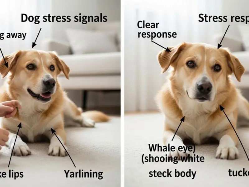 "Imagem educacional mostrando sinais de estresse em cão com criança sinais de apaziguamento à esquerda e resposta de estresse à direita para identificação em pets e crianças"