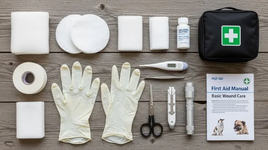 "Kit completo de primeiros socorros para pets com gaze, luvas, termômetro, soro fisiológico e tesoura — itens essenciais para emergência animal em casa"