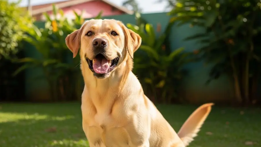 "Esse sorriso de boca aberta é marca registrada. O labrador raça sorri de verdade — e faz você sorrir de volta sem nem perceber." -->