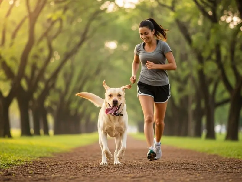 "Labrador raça amarelo correndo em trilha de parque ao lado de tutor em exercício matinal demonstrando necessidade e prazer da raça por atividade física intensa"