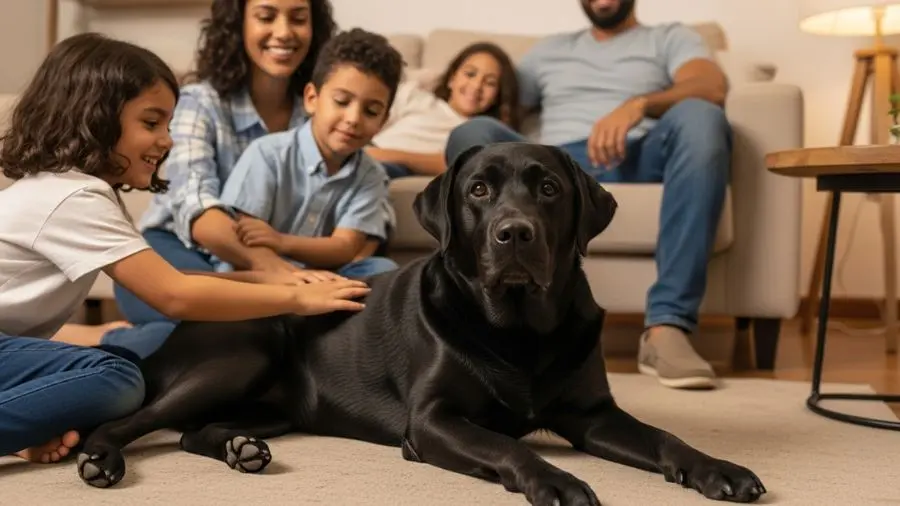 "Labrador raça preto deitado calmo em sala com família criança acariciando e pais ao redor demonstrando temperamento dócil e tolerante da raça com crianças"