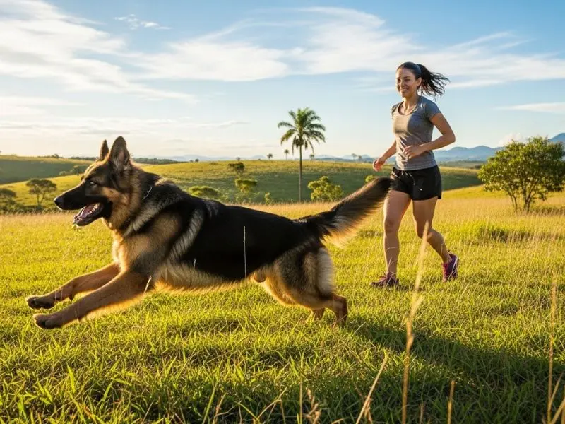 "Pastor alemão raça correndo em campo aberto com tutor durante exercício diário obrigatório para a raça de alta energia"