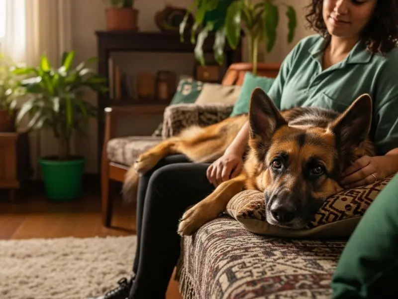 "Pastor alemão raça deitado ao lado do tutor no sofá com postura relaxada e olhar calmo em casa"