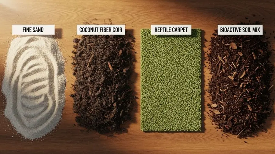 "Quatro substratos. Dois seguros para a maioria dos répteis, um arriscado dependendo do animal e um que quase matou o Spyke. Saber a diferença importa de verdade." -->