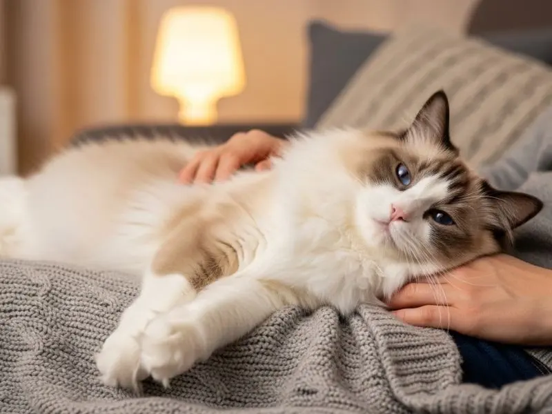 "Ragdoll raça adulto completamente relaxado no colo de tutor com corpo amolecido e olhos azuis semicerrados demonstrando o comportamento típico da raça"