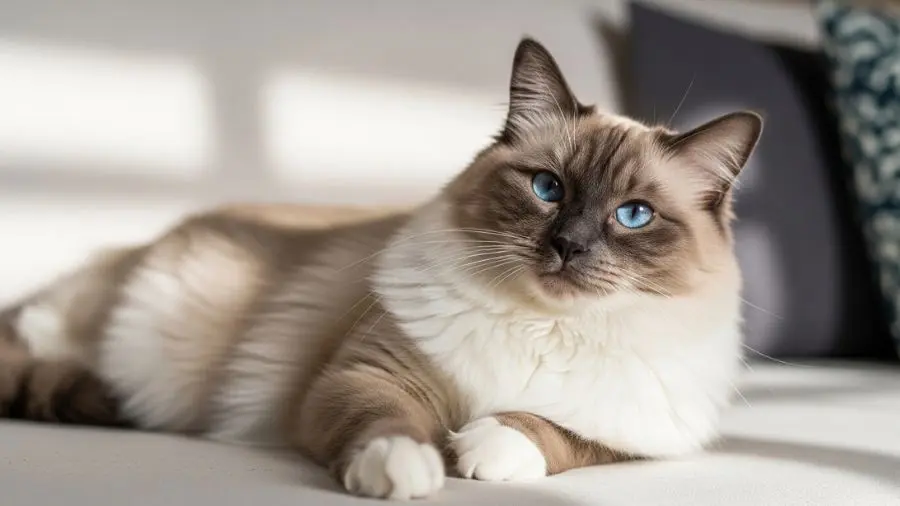 "Esse olhar azul intenso e o corpo completamente relaxado. Quem conhece a ragdoll raça entende de onde vem o nome — eles realmente amolecem no colo igual a um boneco de pano." -->