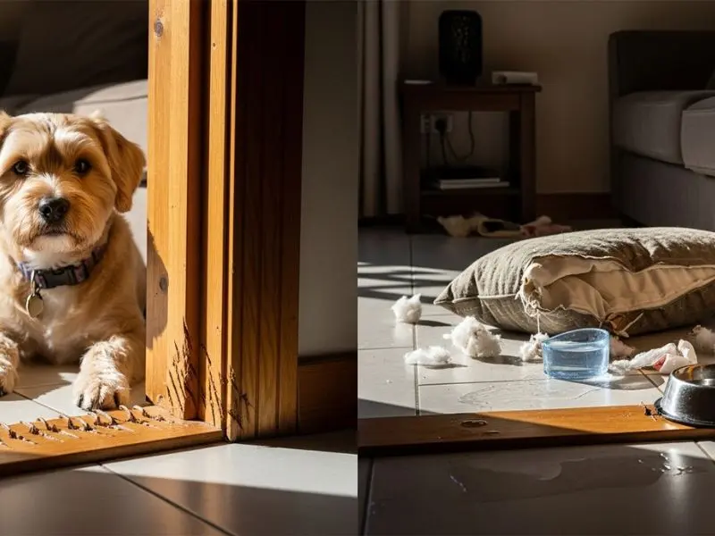 "Sinais de ansiedade de separação em cães — comportamento antes da saída do tutor e evidências de destruição durante a ausência"