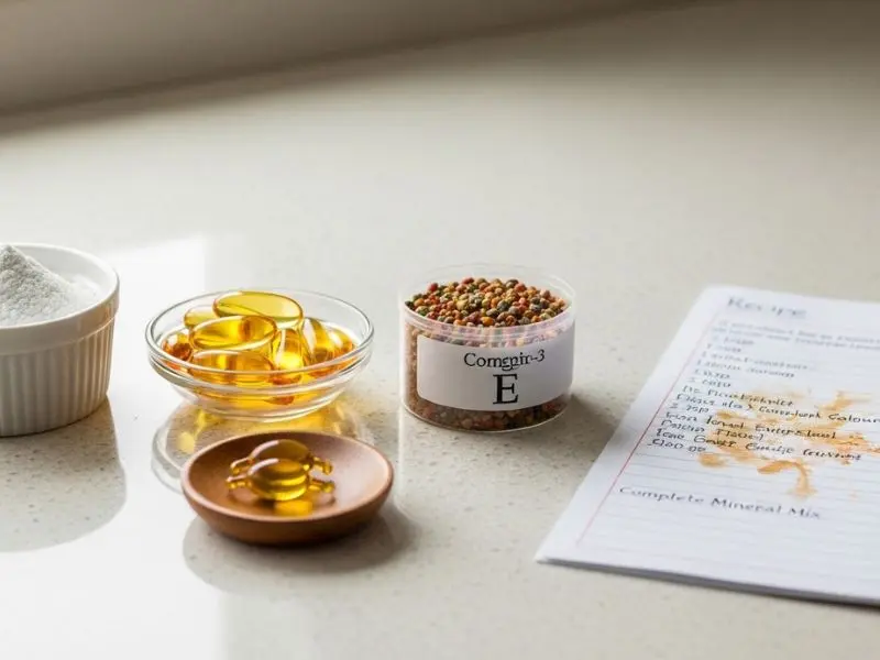 "Suplementos para alimentação natural para pets em tigelas carbonato de cálcio óleo de peixe vitamina E e mix mineral com receita manuscrita"