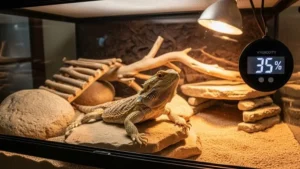 Terrário de dragão-barbudo com higrômetro digital indicando umidade ideal de 35%